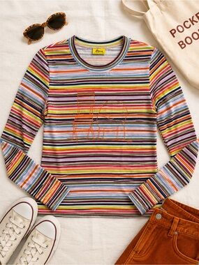 Colorful Striped Long Sleeve Baby Tee Y2K Retro Top Size S